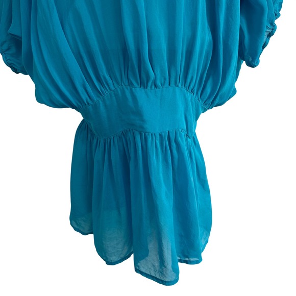 MARCIANO Silk Dolman Sleeve Smocked Waist Top Teal Blue Women Large Y2K - Picture 3 of 8